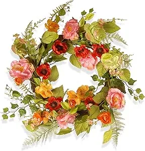 National Tree Company Spring & Summer Wreath 22 Inch Branch Wreath with Mixed Flowers for Front Door or Home Decoration