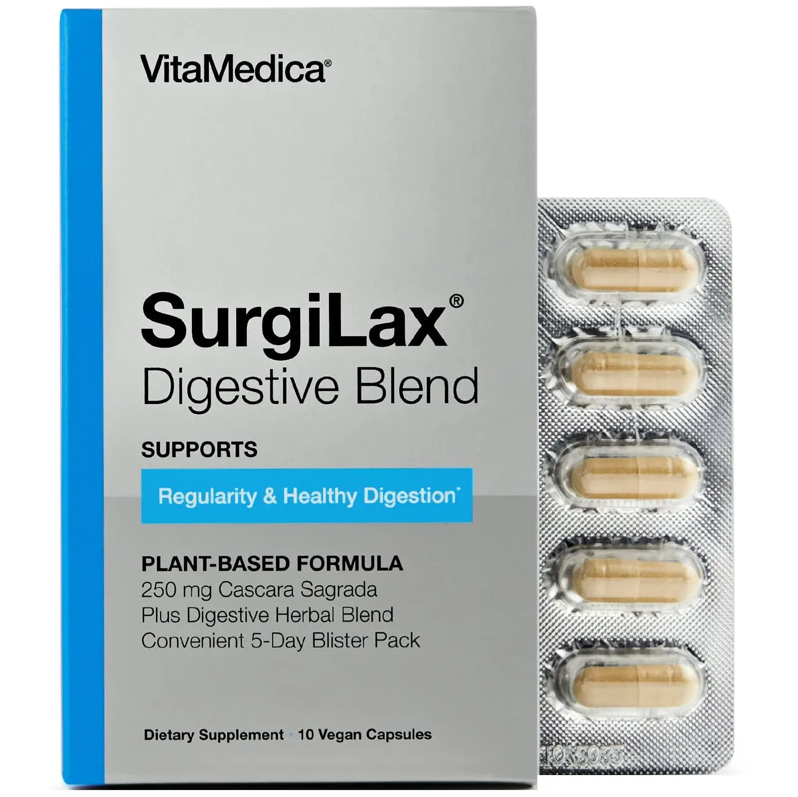 VitaMedica SurgiLax Digestive Blend - All-Natural 5 Day Colon Cleanse - Detox with Cascara Sagrada, Ginger & Milk Thistle for Constipation Relief, Gas & Bloating - 10 Vegan Capsules