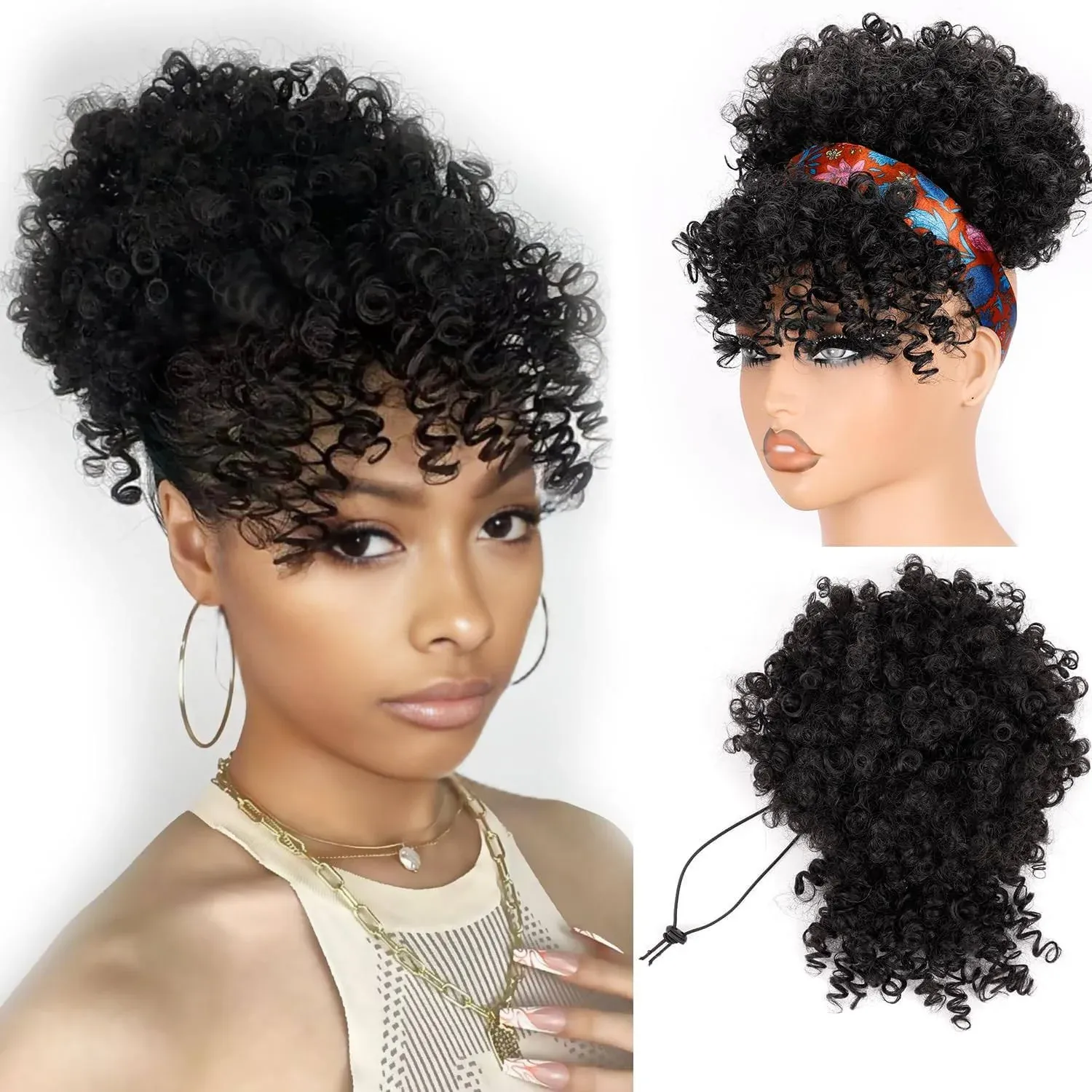 Drawstring Ponytail for Black Women, Afro Puff Kinky Curly Hair Ponytail Extension with Bangs Black Updo Natural Hair Ponytail (1B Natural Black)