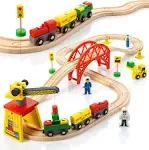 KipiPol Wooden Train Sets for Boys 2-4-7 38 Pcs Wood Train Set for Toddlers w/Crane