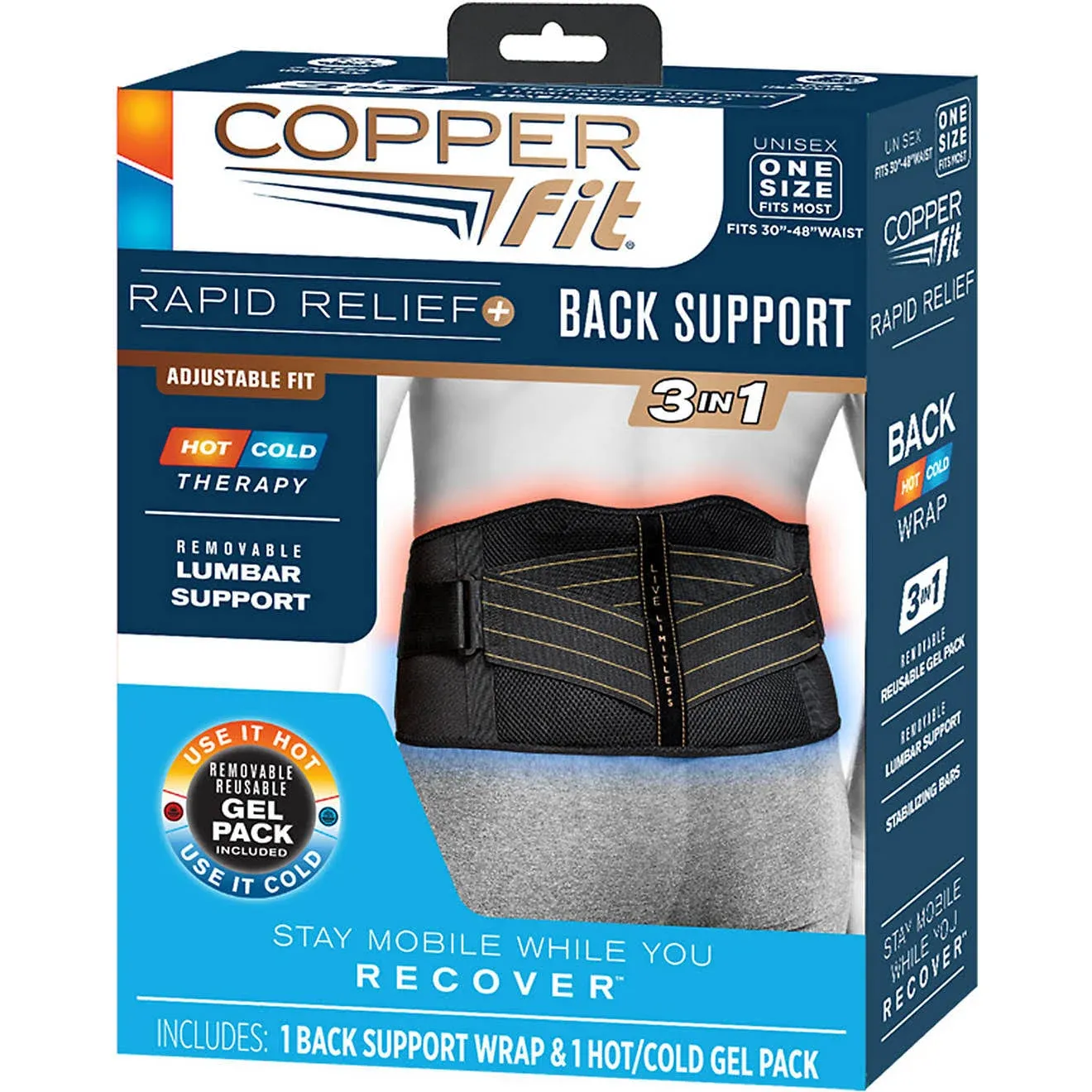 Copper Fit Adjustable Back Brace with Gel Pack Insert, Lumbar Support Stabilizing Bar, Black, One Size Fits All | CFRRBK1SZ