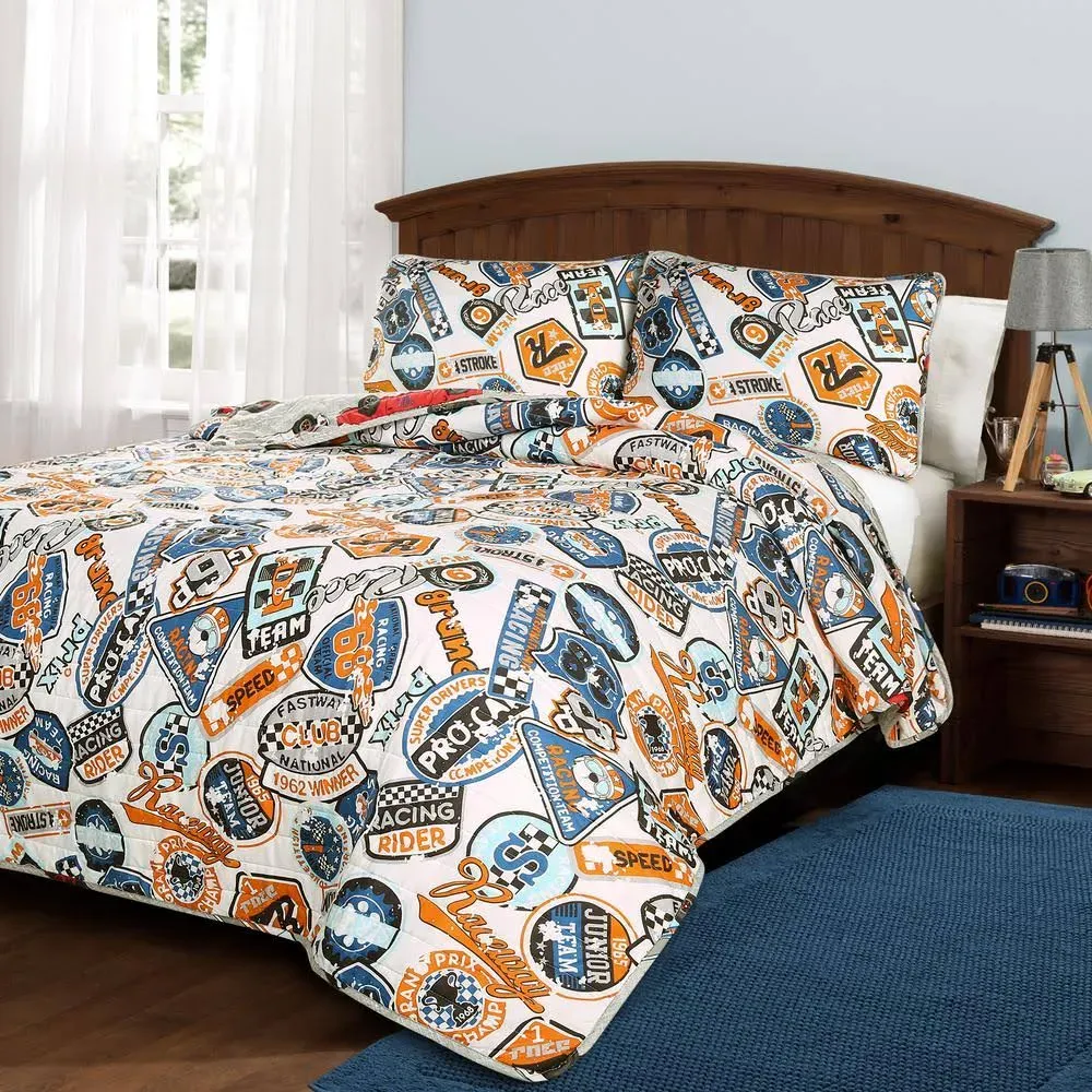 Race Cars Quilt Blue/Orange 3-Piece Full/Queen Set