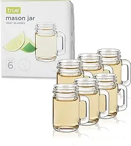 True Mason Jar Shot glasses, Reusable Mini Mason Jar shaped shot glasses with Handles, Party shot cups, Set of 6, 1 oz.