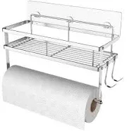 ESOW Paper Towel Holder with Shelf Storage, Adhesive Wall Mount 2-in-1 Basket Organizer for Kitchen & Bathroom, Durable Metal Wire Design, Stainless Steel 304 Brushed Nickel Finish