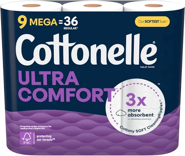 Cottonelle Ultra Comfort Toilet Paper, 2-Ply, Strong Tissue, 9 Mega Rolls (9 Mega Rolls = 36 Regular Rolls) 268 Sheets per Roll (Packaging May Vary)