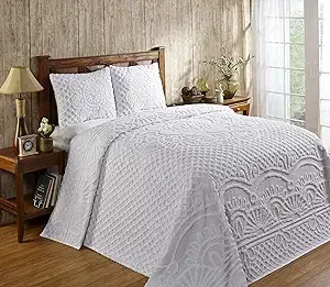 Chenille Bedspreads Set Queen Size, Trevor Collection Medallion Design in Whi...