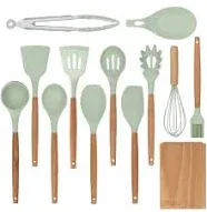 Lanzo Design Kitchen Utensil Set 13 pcs Non-Stick Silicone Cooking Utensils Spatula Set with Wooden Holder