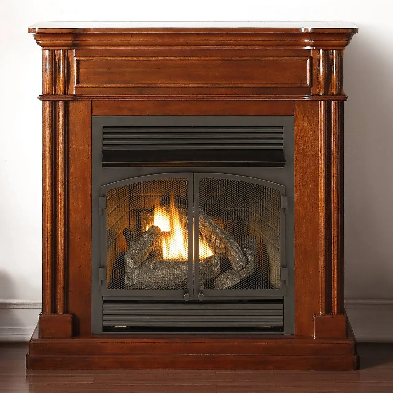 Duluth Forge Dual Fuel Ventless Gas Fireplace With Mantel - 32,000 BTU, T-Stat Control, Autumn Spice Finish - Model# DFS-400T-1AT