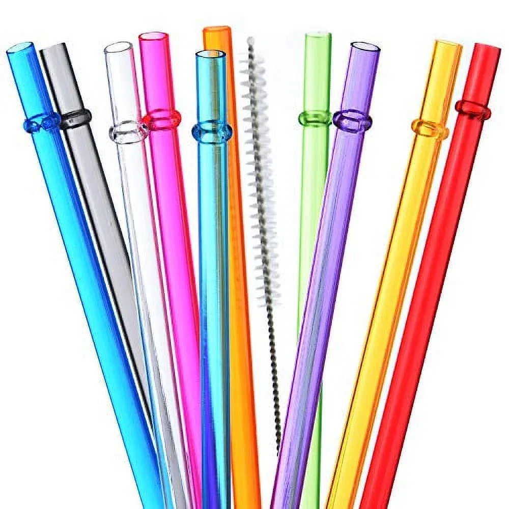 ALINK 10.5" Long Rainbow Colored Reusable Plastic Replacement Straws (Set of 10 with 