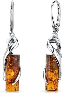 Amber Elliptical Earrings Sterling Silver Cognac Cylindrical In Grey