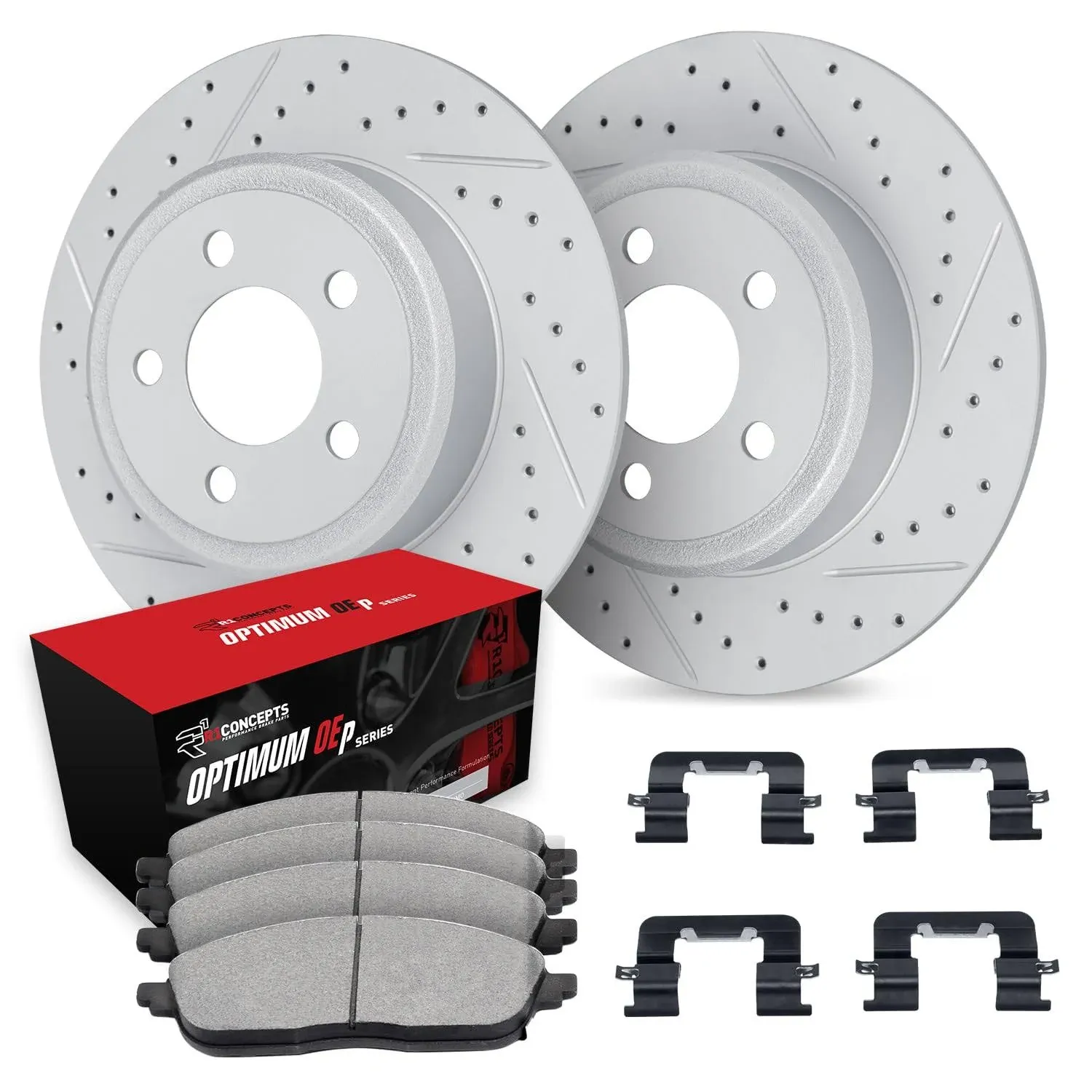 R1 Concepts® WBUH1-13043 - Drilled and Slotted Rear Brake Kit with Optimum OE Pads