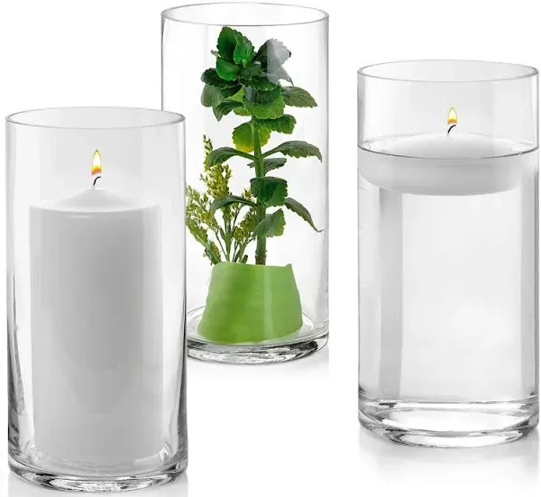 Set of 3 Glass Cylinder Vases 8 Inch Tall - Multi-use: Pillar Candle, Floatin...