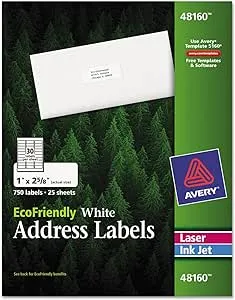 Avery 48160 EcoFriendly Laser/Inkjet Address Labels, 1 x 2-5/8, White, 750/Box