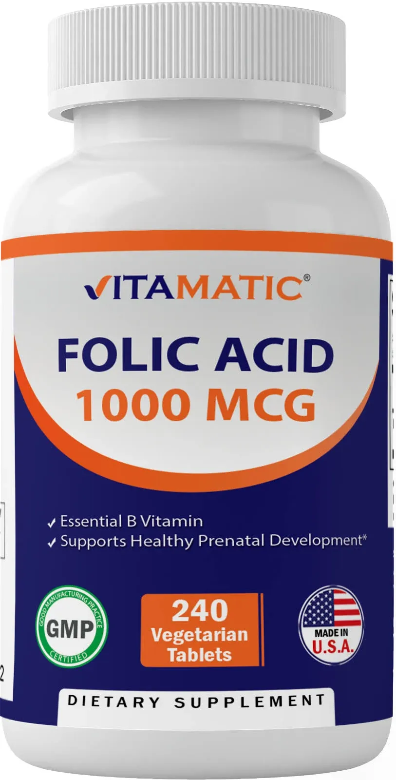 Vitamatic Folic Acid 1000 mcg (1 mg) - 240 Vegetarian Tablets - 1667 mcg DFE - Vitamin B9