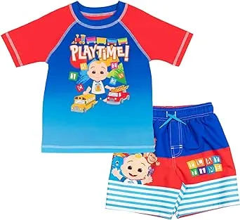 Cocomelon JJ Toddler Boys Rash Guard and Swim Trunks Outfit Set Blue 4T