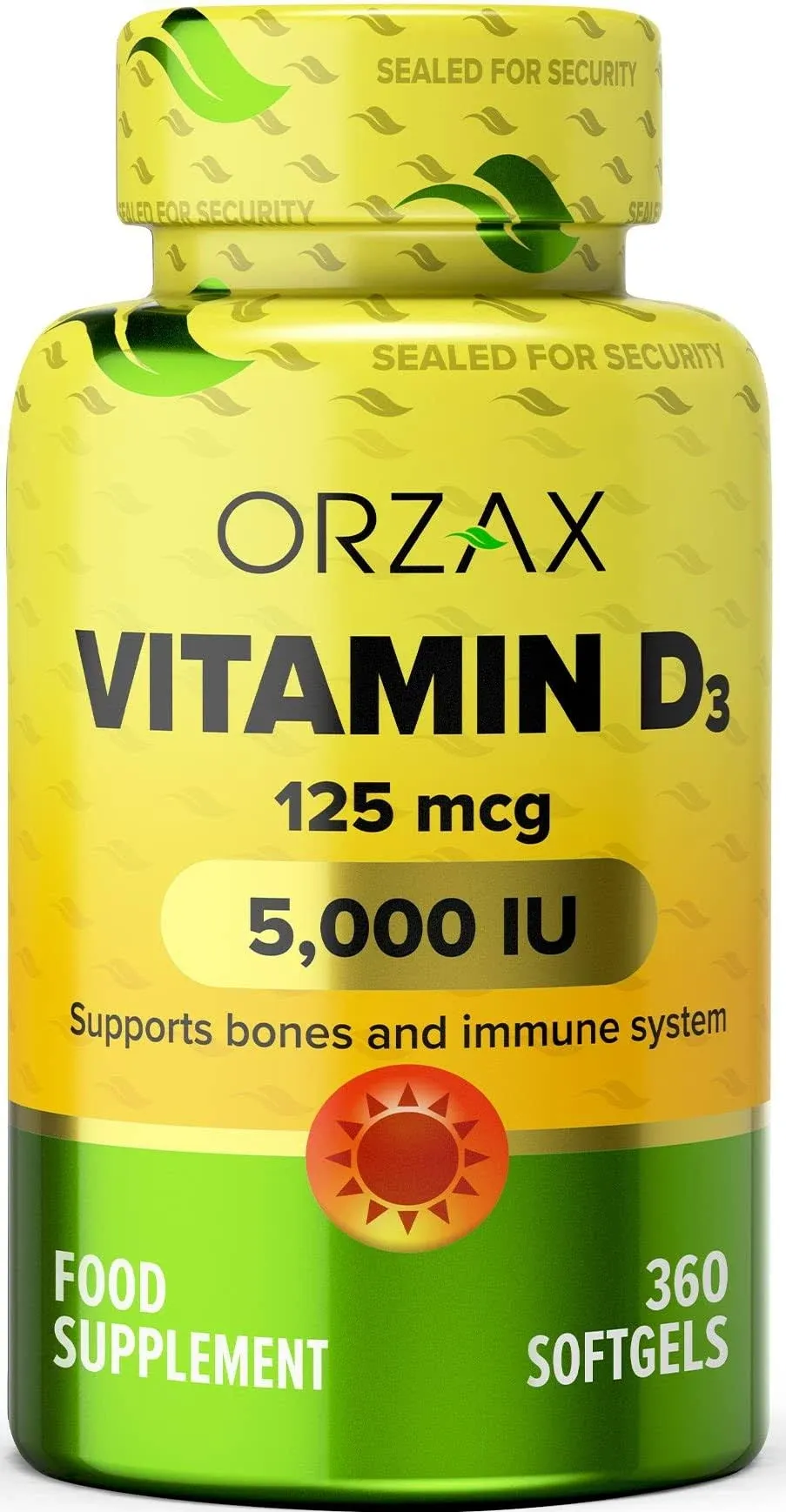 Orzax Vitamin D3 5000 IU (125 mcg) - 1 Year Supply for Strong Muscle Function & Immune Support - Mood Supplement for Wellness (360 Softgel)