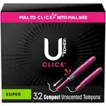 U By Kotex Click Compact Tampons, Unscented, Plastic Applicator, Super - 32 tampons