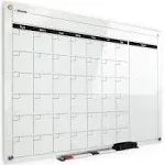 Real Glass Dry Erase Monthly Calendar, Giant Size 34" x 46", White Tempered Glass Surface, Frameless Wall Mount, with 4 Assorted Color Markers and Eraser, by Better Office Products (Bright White)