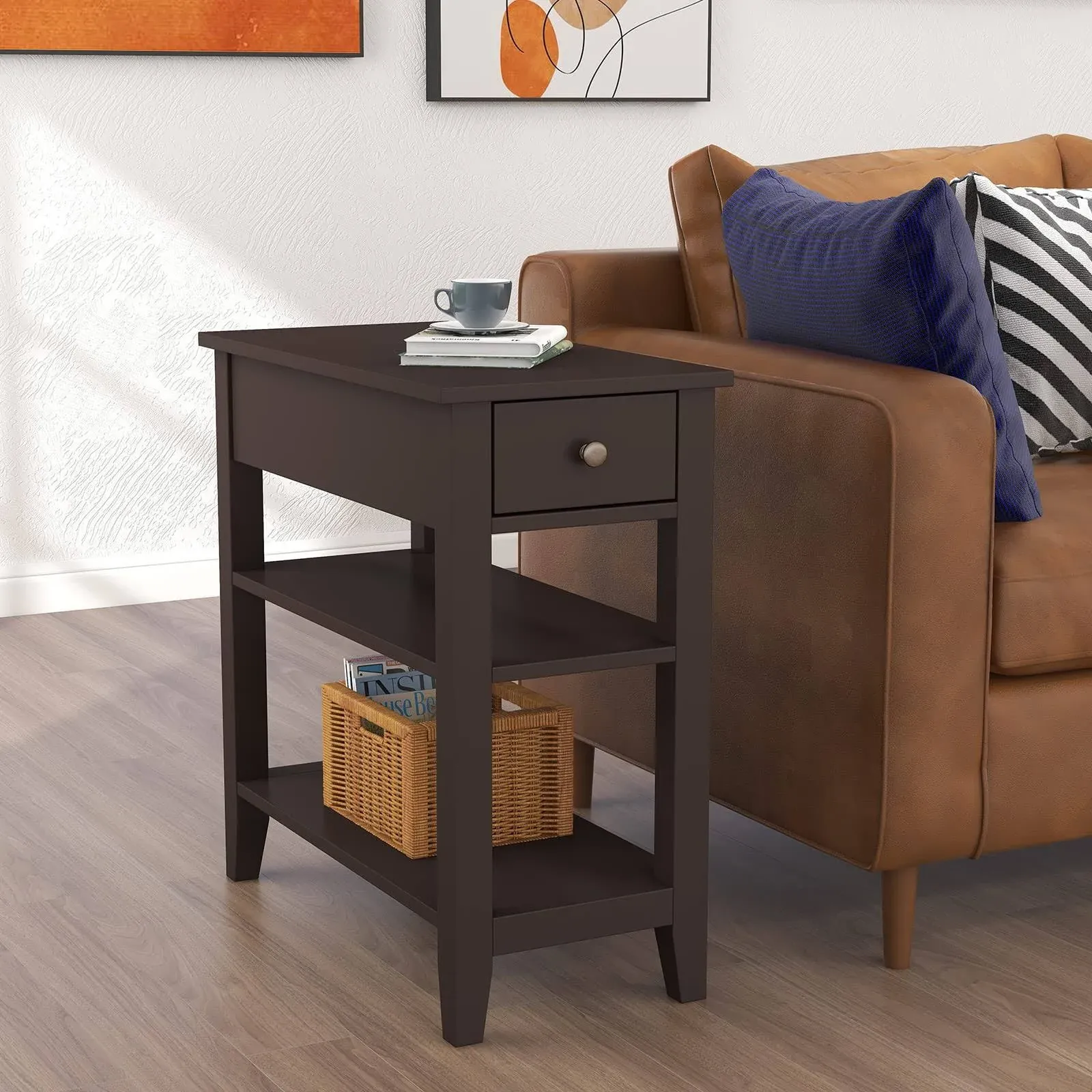 ChooChoo Side Table Living Room, Narrow End Table with Drawer and Shelf, 3-Tier Sofa End Table for Small Space, Espresso