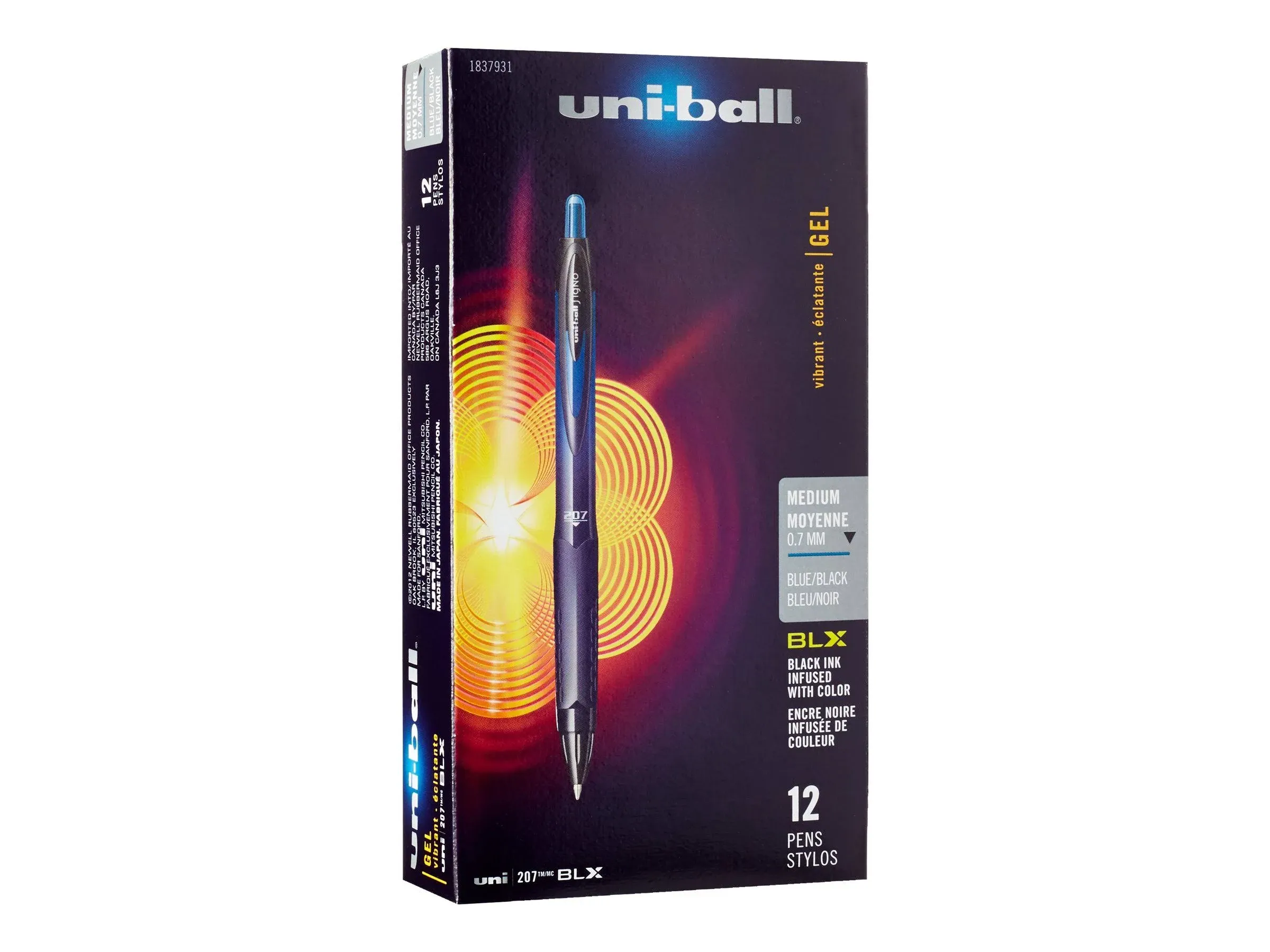 Uni Ball Signo 207 RT BLX Blue/Black Medium 0.7mm Retractable Gel Ink Pen, 1837931