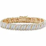 PalmBeach Jewelry White Diamond Accent Two-Tone Pave-Style S-Link Tennis Bracelet Yellow Gold-Plated 7"