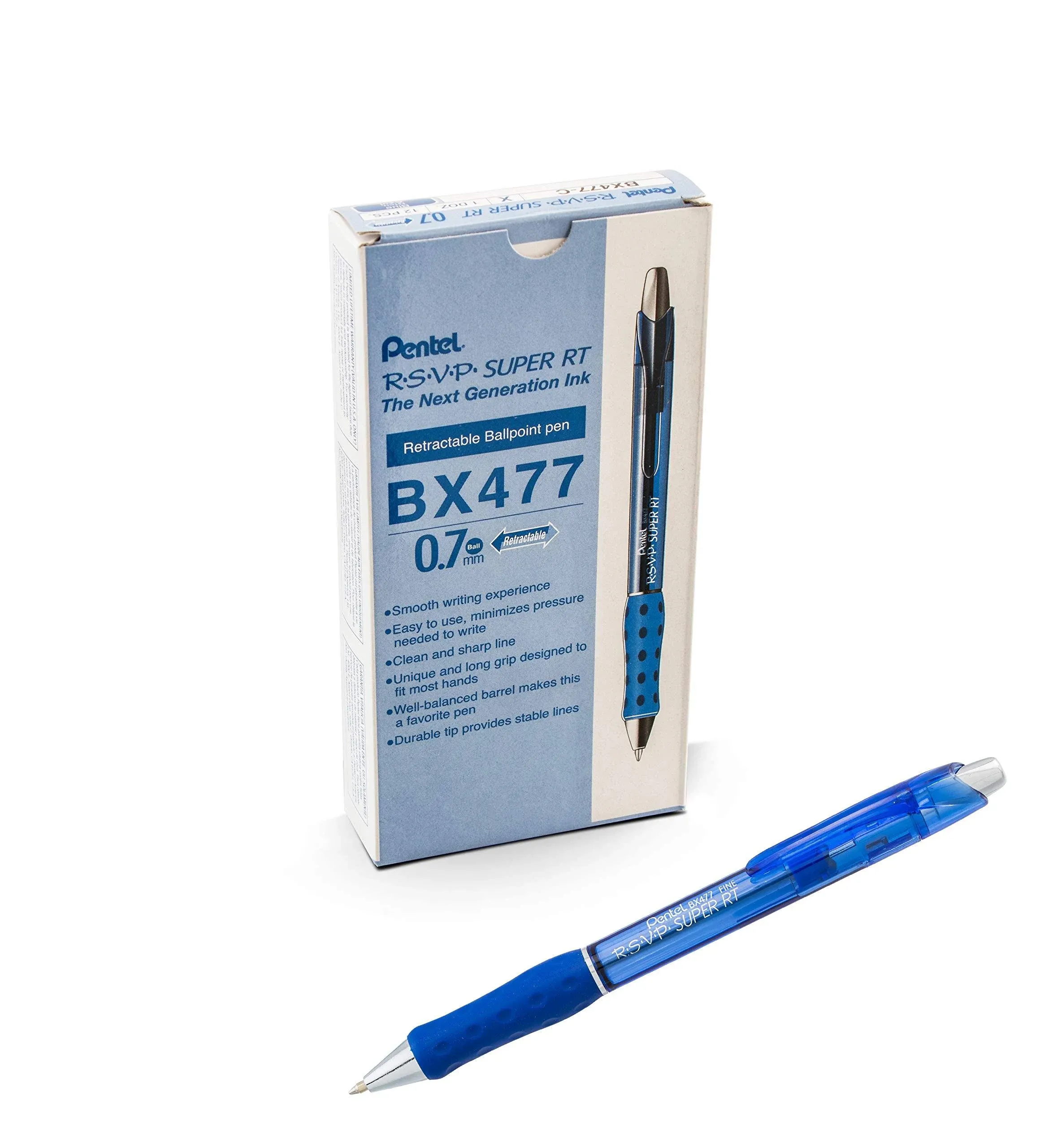 Pentel R.S.V.P. Super RT Retractable Ballpoint Pen, 0.7 mm, Blue Barrel/Ink, Dozen