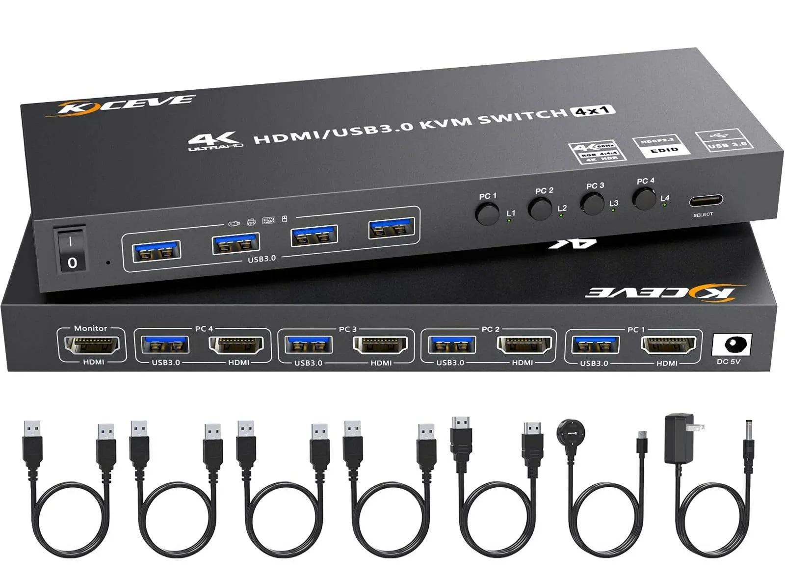 HDMI KVM Switch 4 Computers 4K@60Hz 2K@120Hz, Simulation EDID, 4 Port USB3.0 ...