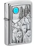 Zippo Windproof Lighter - Wolf Pack and Moon Emblem Design Brushed Chrome | 49295