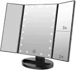 Flymiro Tri-Fold Lighted Vanity Makeup Mirror with 3x/2x/1x Magnification, 21leds Light and Touch Screen,180 Degree Free Rotation Countertop Cosmetic