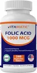 Vitamatic Folic Acid 1000 mcg (1 mg) - 240 Vegetarian Tablets - 1667 mcg DFE - Vitamin B9