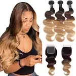 Shining Girl 12A Ombre Body Wave Bundles With Closure Brazilian Virgin Remy 100% Human Hair Ombre 3 Tone T1B/4/27 Color Human Hair Extensions 3 Bundles with 4x4 Lace Closure (14 16 18+12, 1B#/4#/27#)