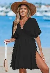 Black Lace Plunging Dolman Sleeve Cover-Up Dress