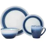 Pfaltzgraff Eclipse Blue 16-Piece Stoneware Round Dinnerware Set, 1 inch dinner plate, 8 inch salad plate, 6 inch soup cereal bowl (26 ounce) and 14 ounce mug, Blue/White