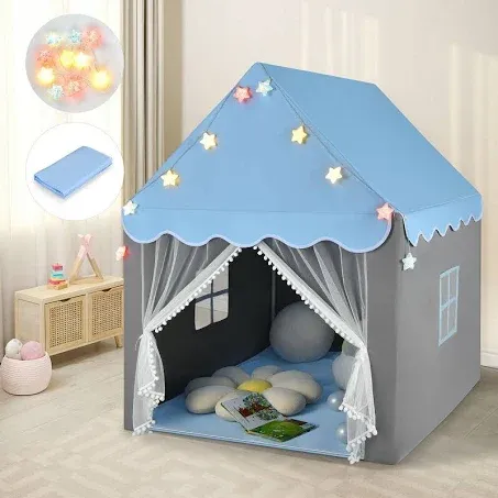 Kids Playhouse Tent Large Castle Fairy Tent Gift w/Star Lights Mat Blue