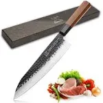 FAMCÜTE 8 Inch Japanese Knife, Hand Forged High Carbon Steel 3 Layers 9CR18MOV Wood Handle Professional Kitchen Knife