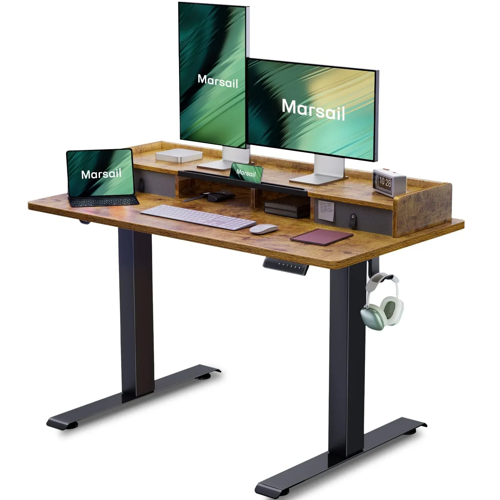 Marsail Electric Standing Desk with Dual Drawers, 55 x 24 Inches Height Adjustable Desk with Storage Shelf, Sit Stand Desk with 4 Memory Preset, 2