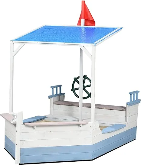 Outsunny Kids Sandbox with Canopy, Pirate Ship Wooden Sand Boxes with Bench for Backyard, Sand Pit for Toddlers, 83" x 43", Blue