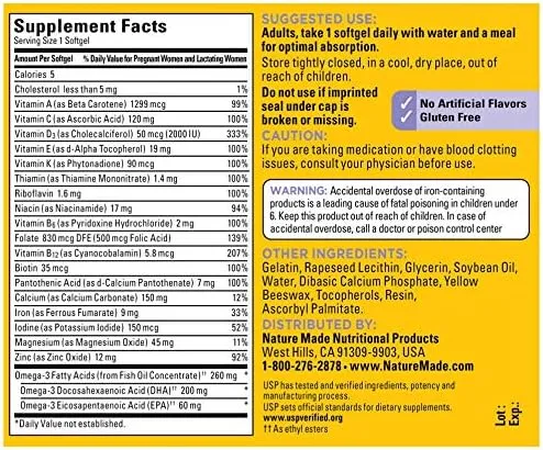 Nature Made Postnatal Multivitamin + DHA 200 mg, 60 Softgels, to Support Nursing Moms & Babies During Breastfeeding, Postnatal Vitamins & Nutrients Include Iron, Vitamin D3, Calcium, Iodine