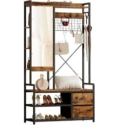  Hall Tree with Bench and Shoe Storage, Entryway Coat Rack with Mirror, 5-Tier 