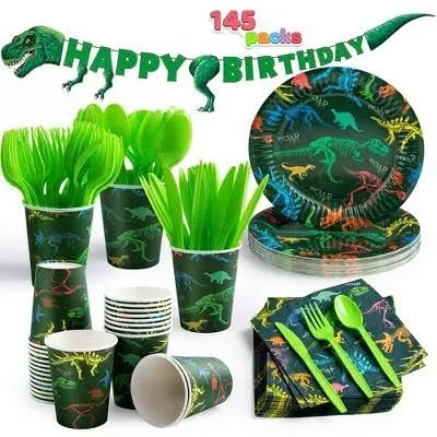 Syncfun 145 Piece Dinosaur Birthday Party Supplies with Trex Banner, 24 Serves Dino Disposable Tableware Set with Plates, Cups, Napkins, Cutlery Sets