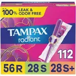 Tampax Radiant Tampons Multipack, Regular/Super/Super Plus Absorbency, with Leakguard Braid, Unscented, 28 Count x 4 Packs (112 Count Total)