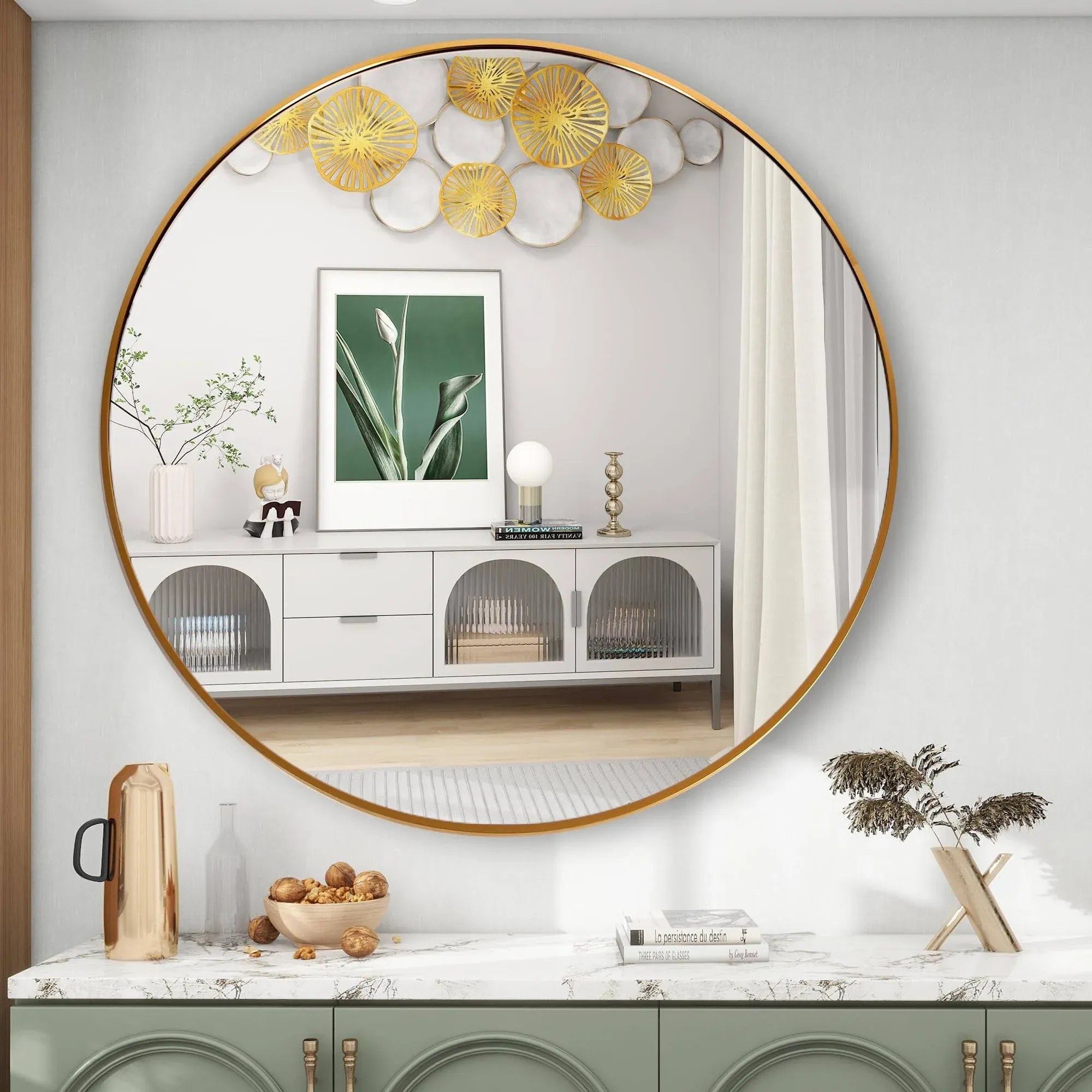 FANYUSHOW Gold Round Mirror, Round Mirror 19.6 inch, Gold Circle Mirror Metal Frame, Round Wall Mounted Mirrors for Living Room, Bathroom, Wall, Entryway, Vanity,Trend Style