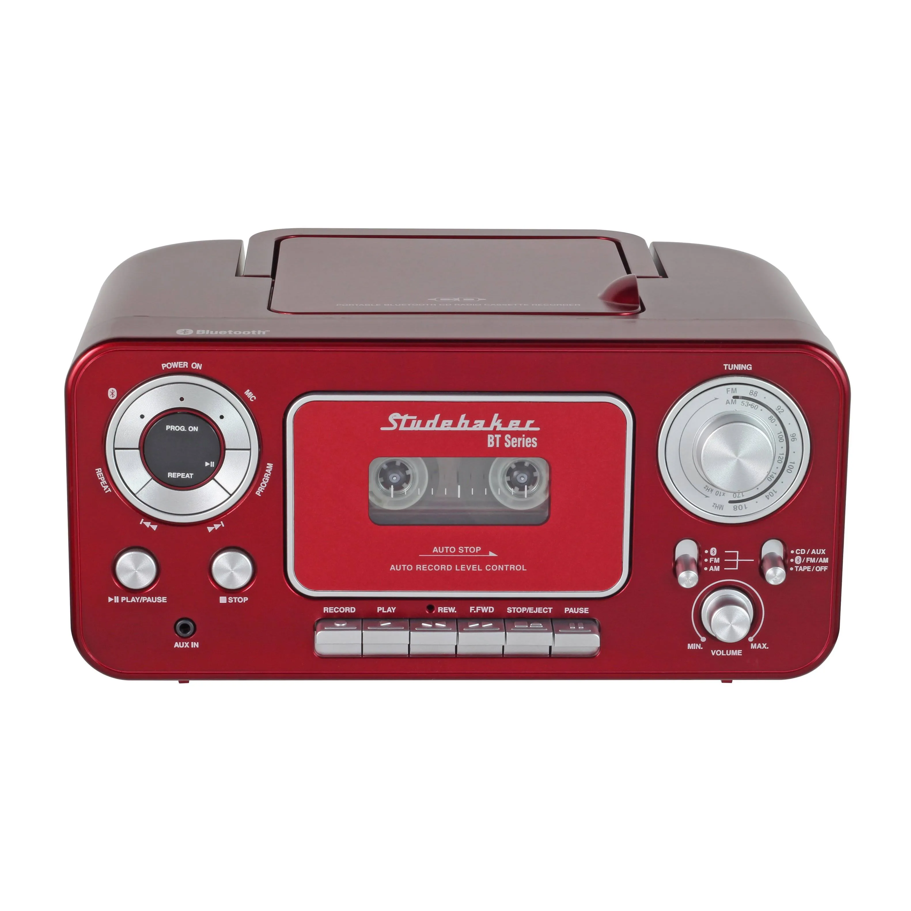 Studebaker SB2135BTRS Portable Stereo CD Player with Bluetooth, AM/FM Stereo Radio and Cassette Player/Recorder - Red