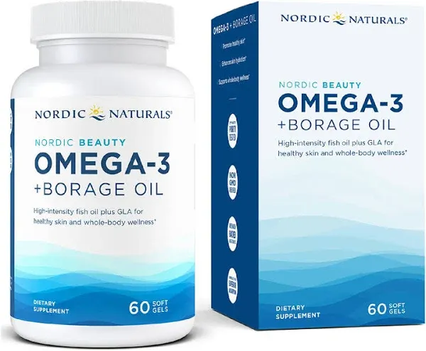 Nordic Naturals Nordic Beauty Omega-3 + Borage Oil, Natural Lemon-Flavored - 60 Soft Gels - Fish Oil Supplement for Skin Health and Hydration - Non-GMO - 30 Servings