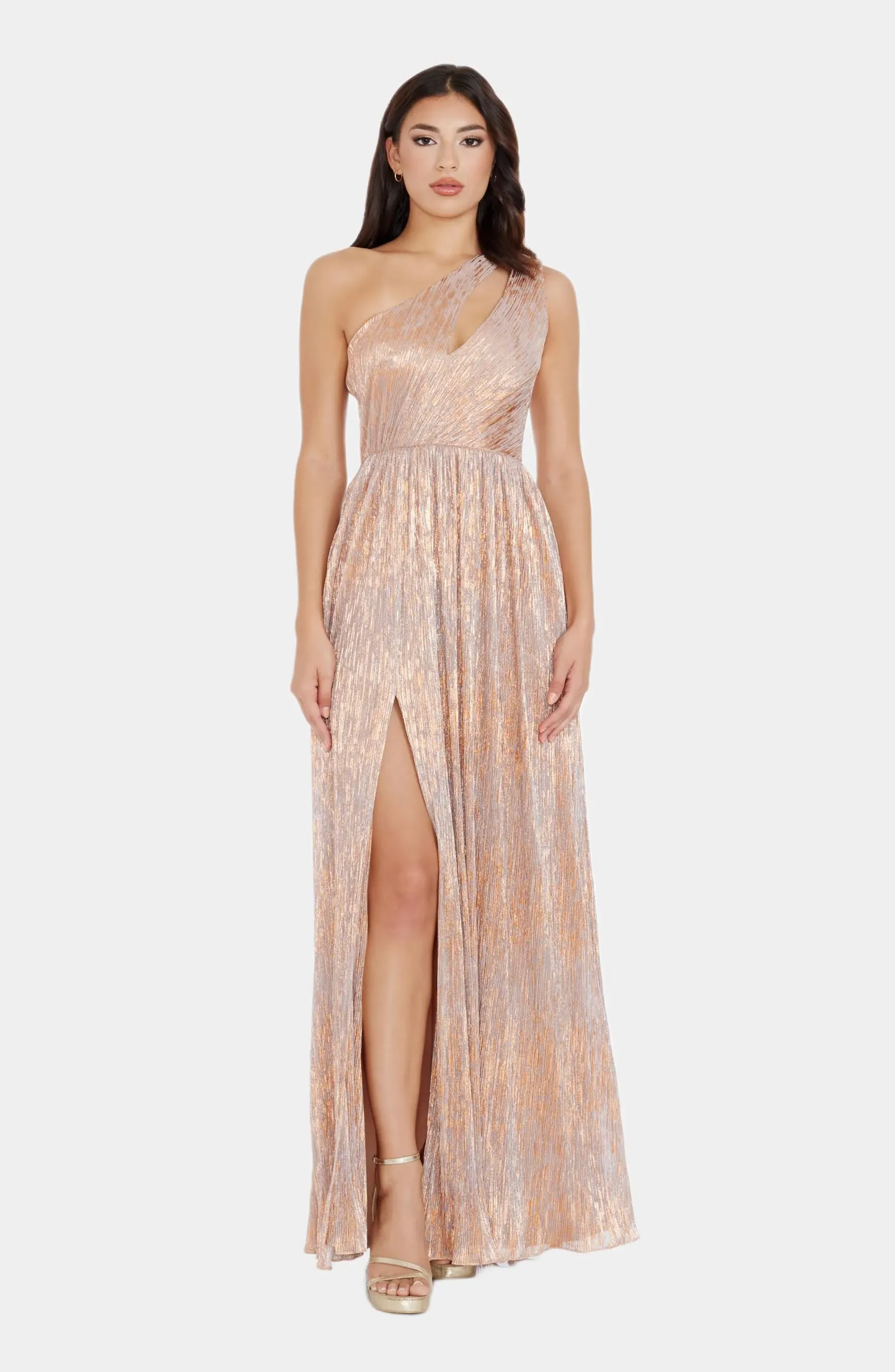 Dress the Population Kienna Metallic Cutout Detail One-Shoulder Gown in Beige-Bronze