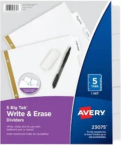 Avery Big Tab Write & Erase Paper Divider, 5 Tabs, White/Gold Reinforced, 1 Set (23075)