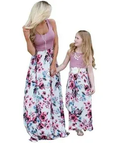 Askwind Mommy and Me Dresses Casual Floral Family Outfits Summer Matching Maxi Dress