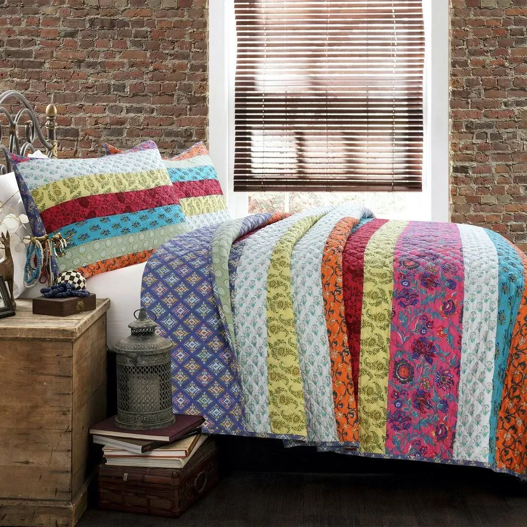 Vibrant Strip Reversible Cotton Quilt Set, Bedspread, Coverlet