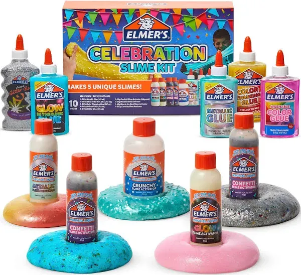 ELMER'S Celebration Slime Kit, Slime Supplies Include Assorted Magical Liquid Slime Activators and Assorted Liquid Glues, 10 Count