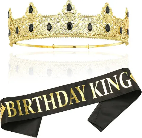 NA Birthday King Crown and Birthday King Sash,Birthday Gifts for Men, Birthday Party Prom Decoration for Men (Gold 1)